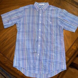 Christian Dior Short Sleeve Plaid Button Down Blue Medium